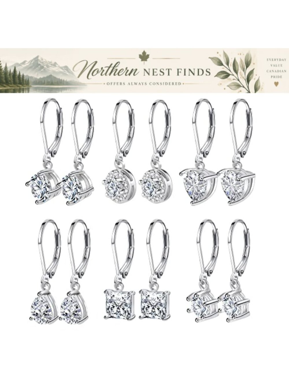 6 Pair Cubic Zirconia Leverback Earrings 925 Sterling Silver Plated Dangle Set